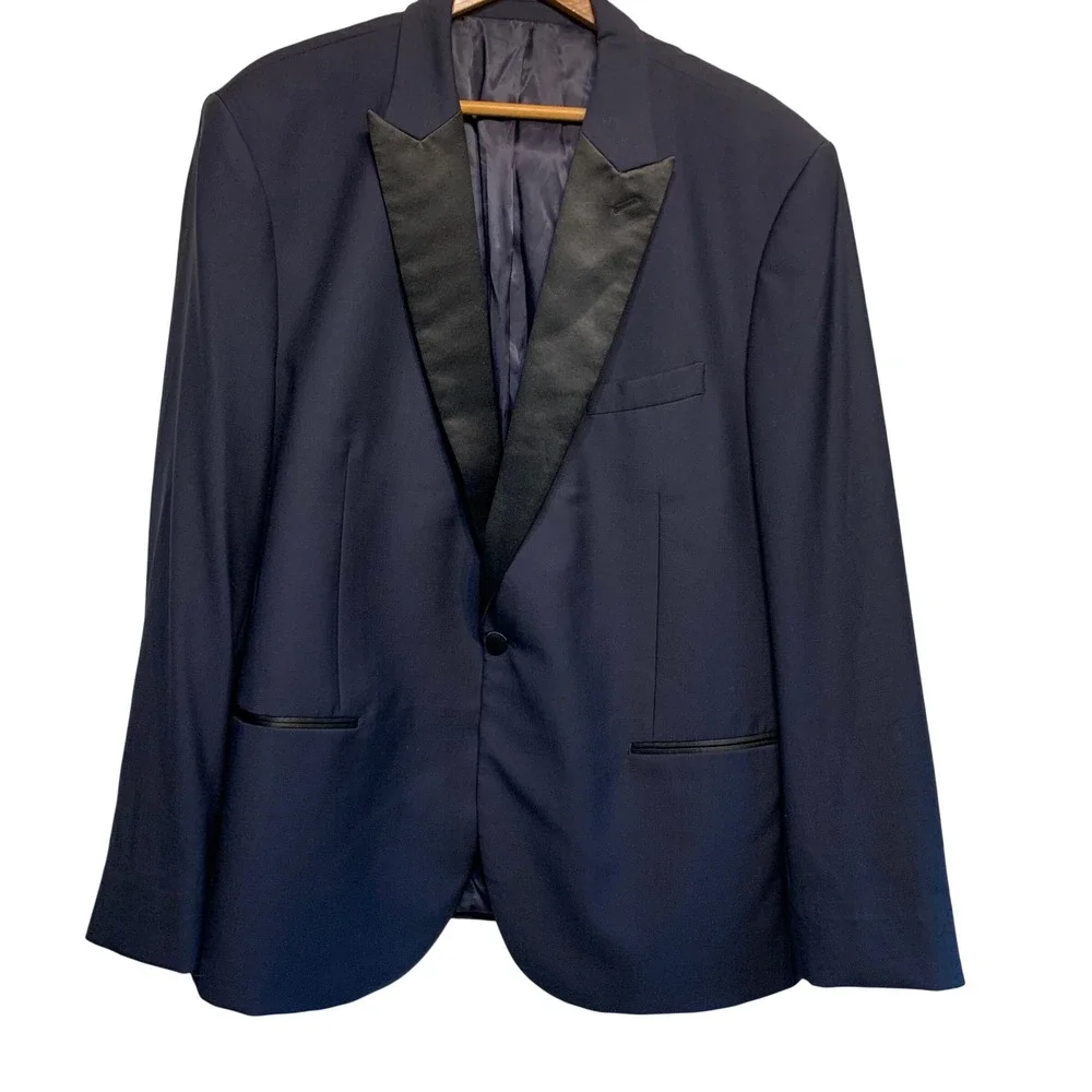 The BLK TUX Tuxedo Jacket 46R Navy Blue Merino Wool Tollegno 1900 Peak Lapel